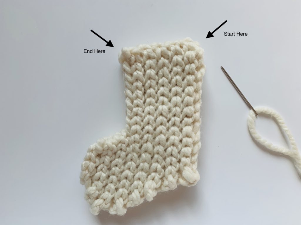 Where to start seaming the easy crochet mini stocking.