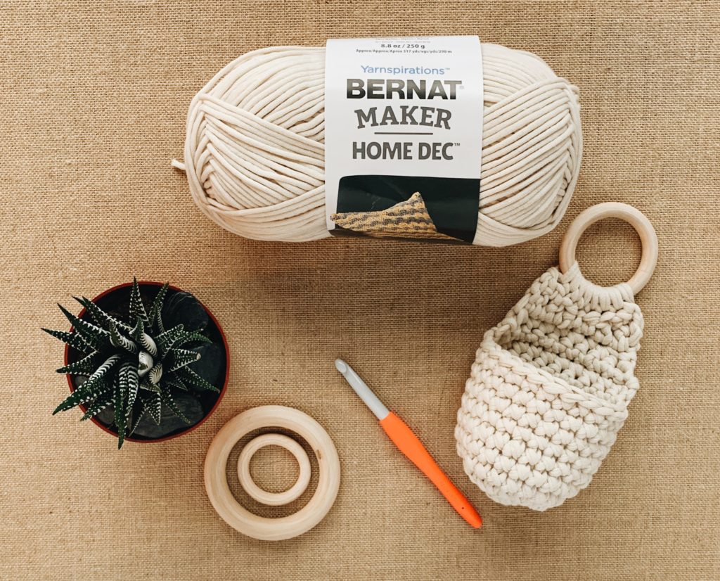 Types of yarn, hook, and other essentials for this home decor project